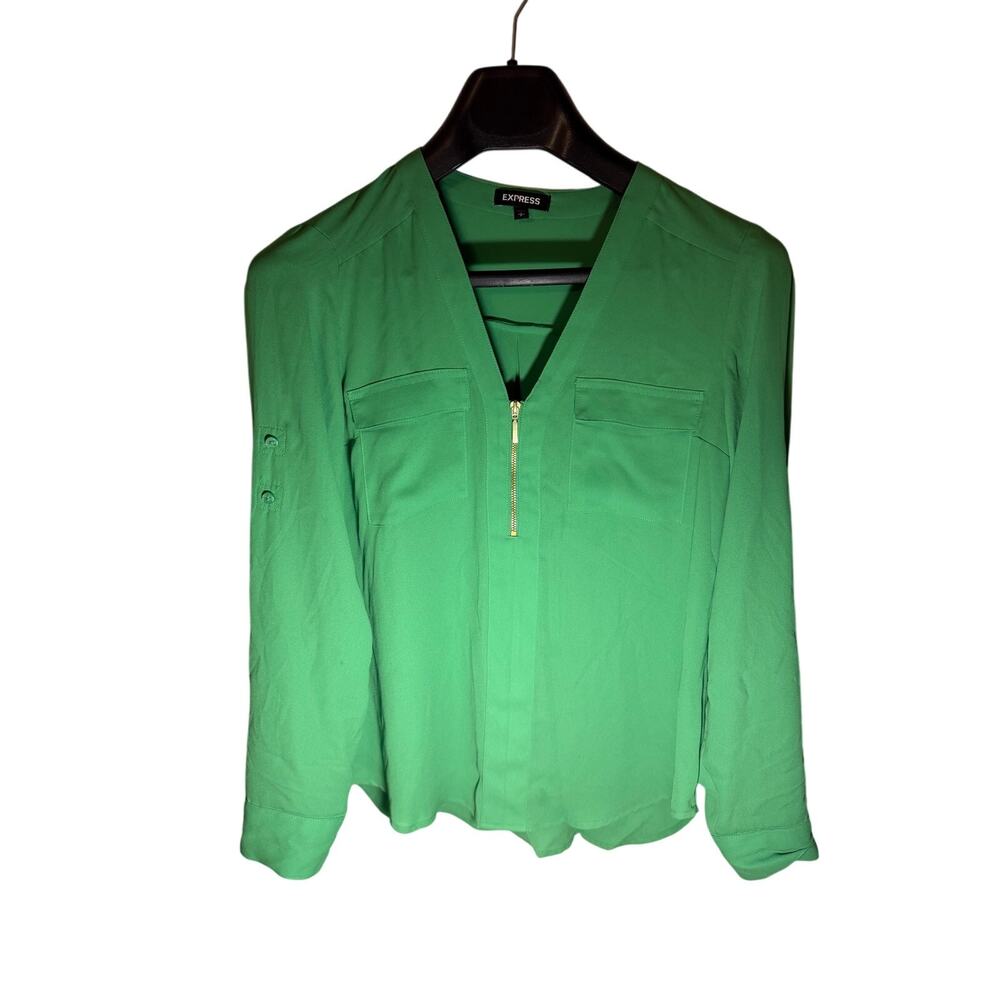 Express Green Portofino Blouse SZ S – Roll Tab Sleeves Zip Front